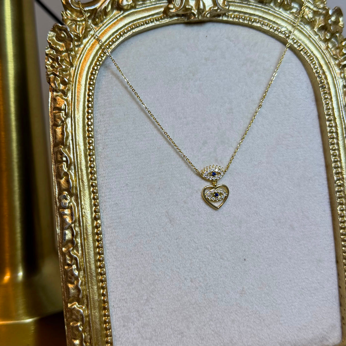 Taşlı Kalp ve Göz Gold Kolye